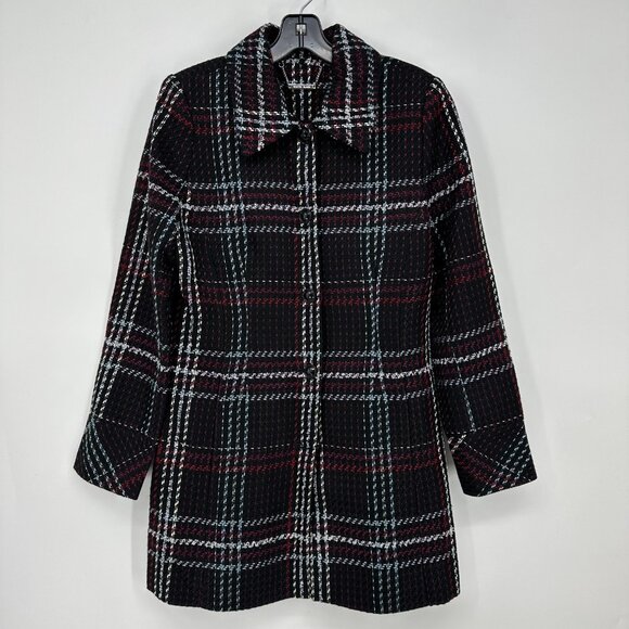 White House Black Market Plaid Tweed Long Jacket S Button Down  Black Red - Picture 1 of 8